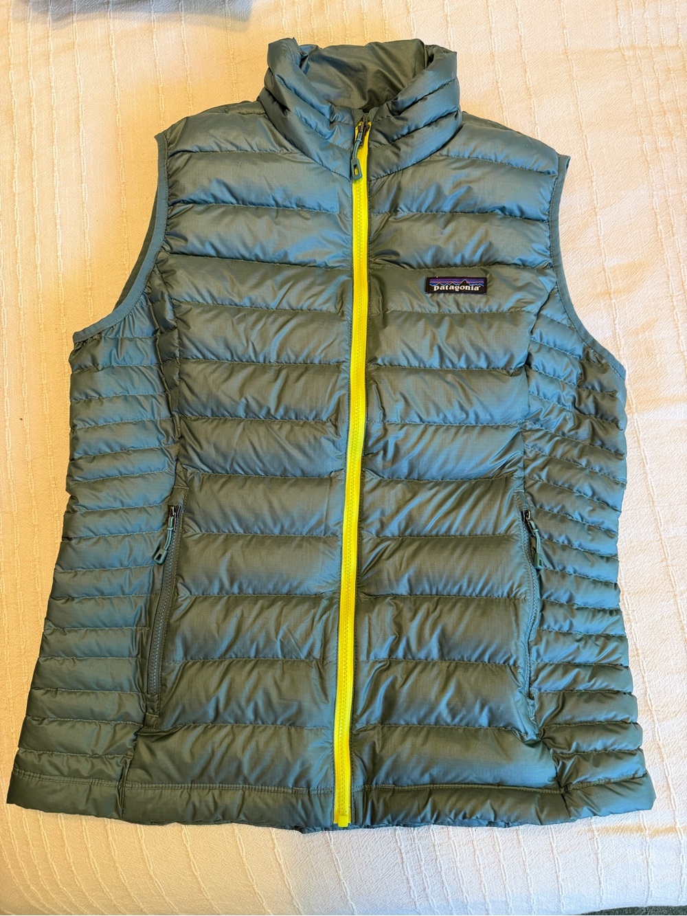 Patagonia Quilted Vest in Sage Green with Neon Yellow Trim - Picture 2 of 7